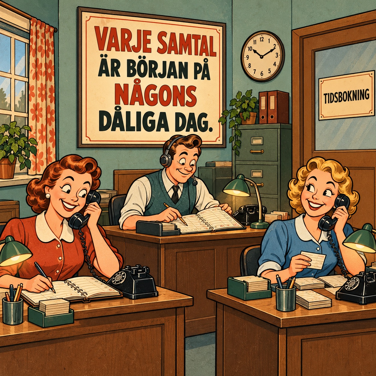 Tre glada telefonister bokar tider under en ironisk motivationsskylt.
