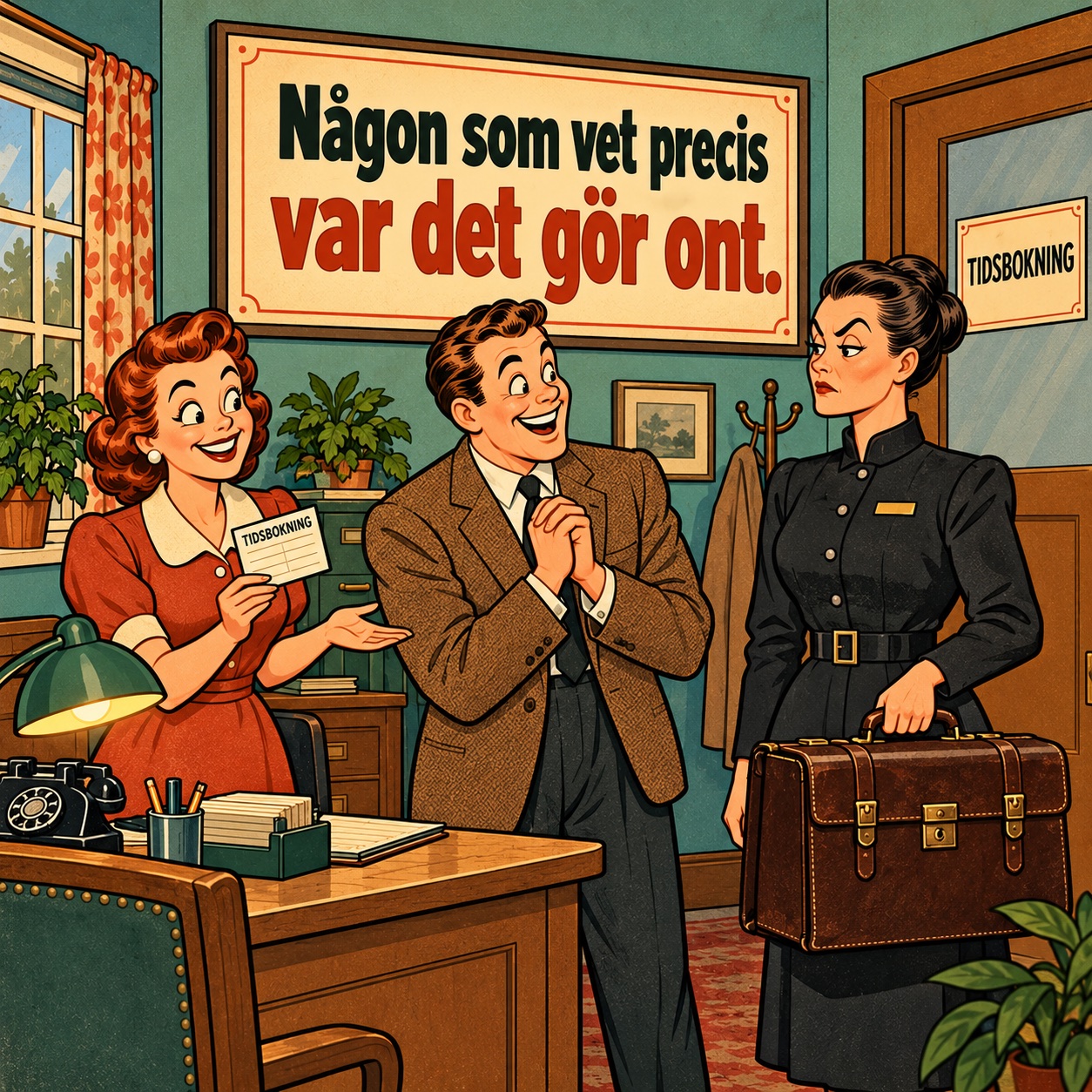 En glad kund presenteras för en barsk yrkesperson med en väska.