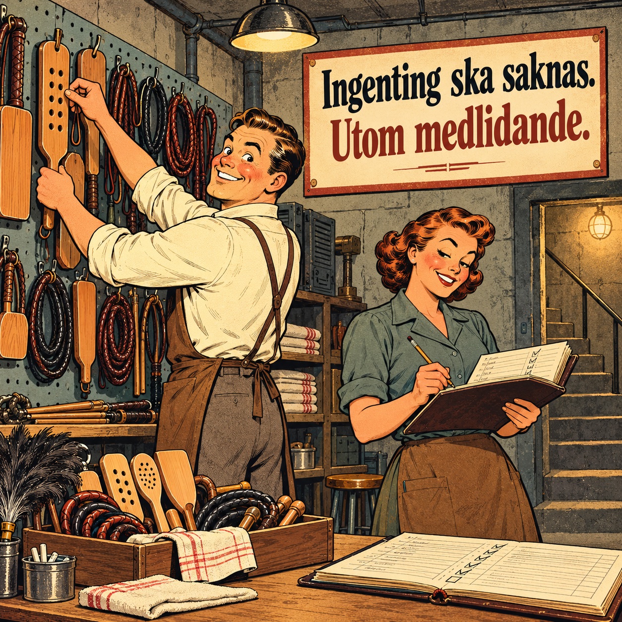 Två medarbetare ordnar paddlar och piskor inför dagens bokningar.