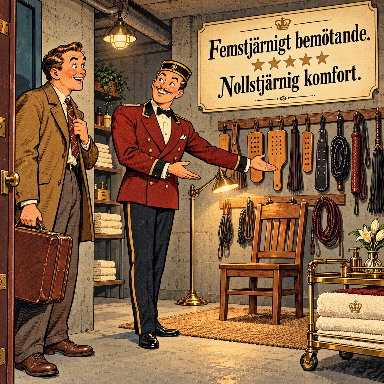 En hotellvärd visar en källarsvit med en trästol och ordnade redskap.