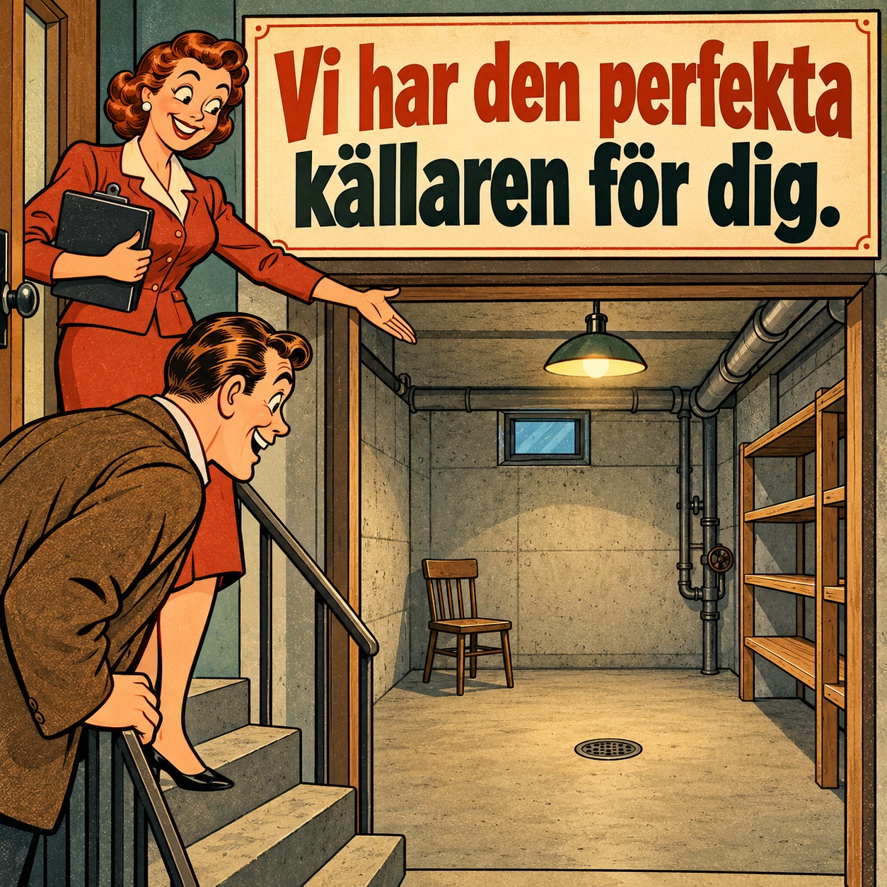 En entusiastisk mäklare visar en spartansk källare.