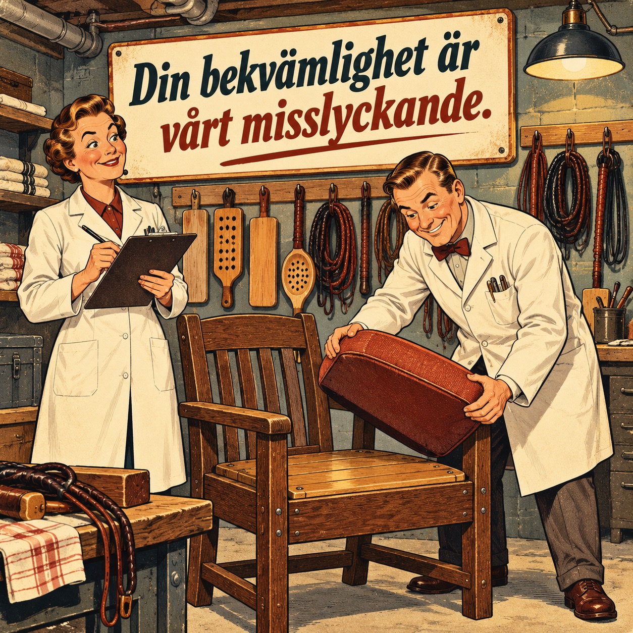 Två tekniker tar bort dynan från en hård trästol.