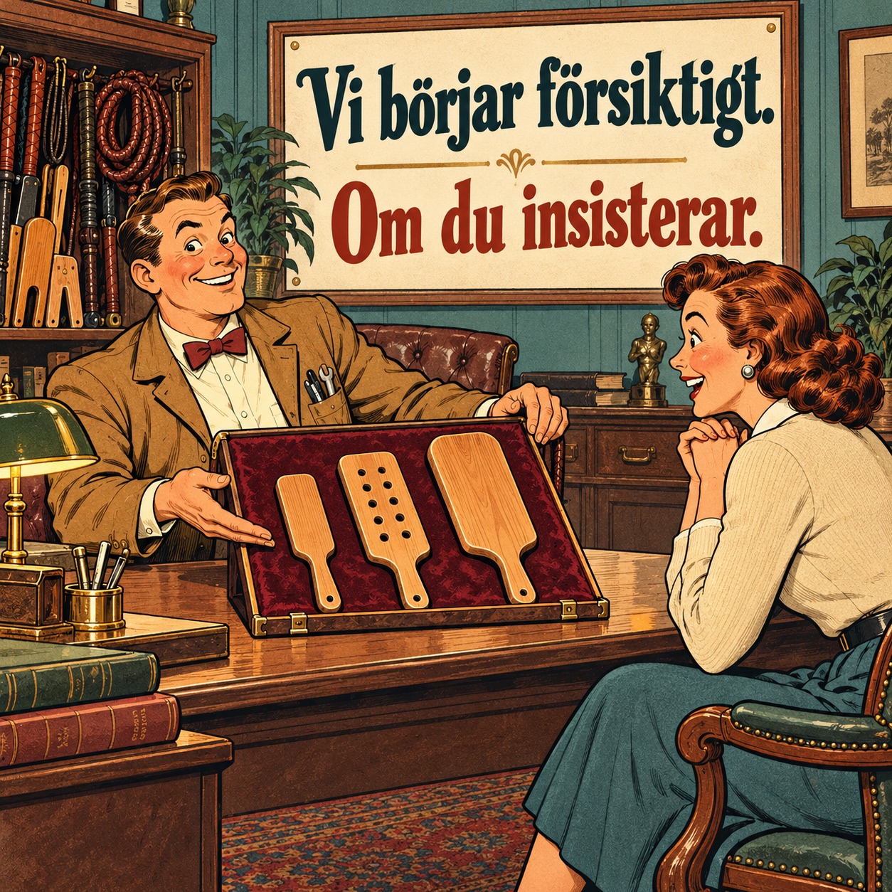 En rådgivare visar tre paddlar för en förväntansfull kund.