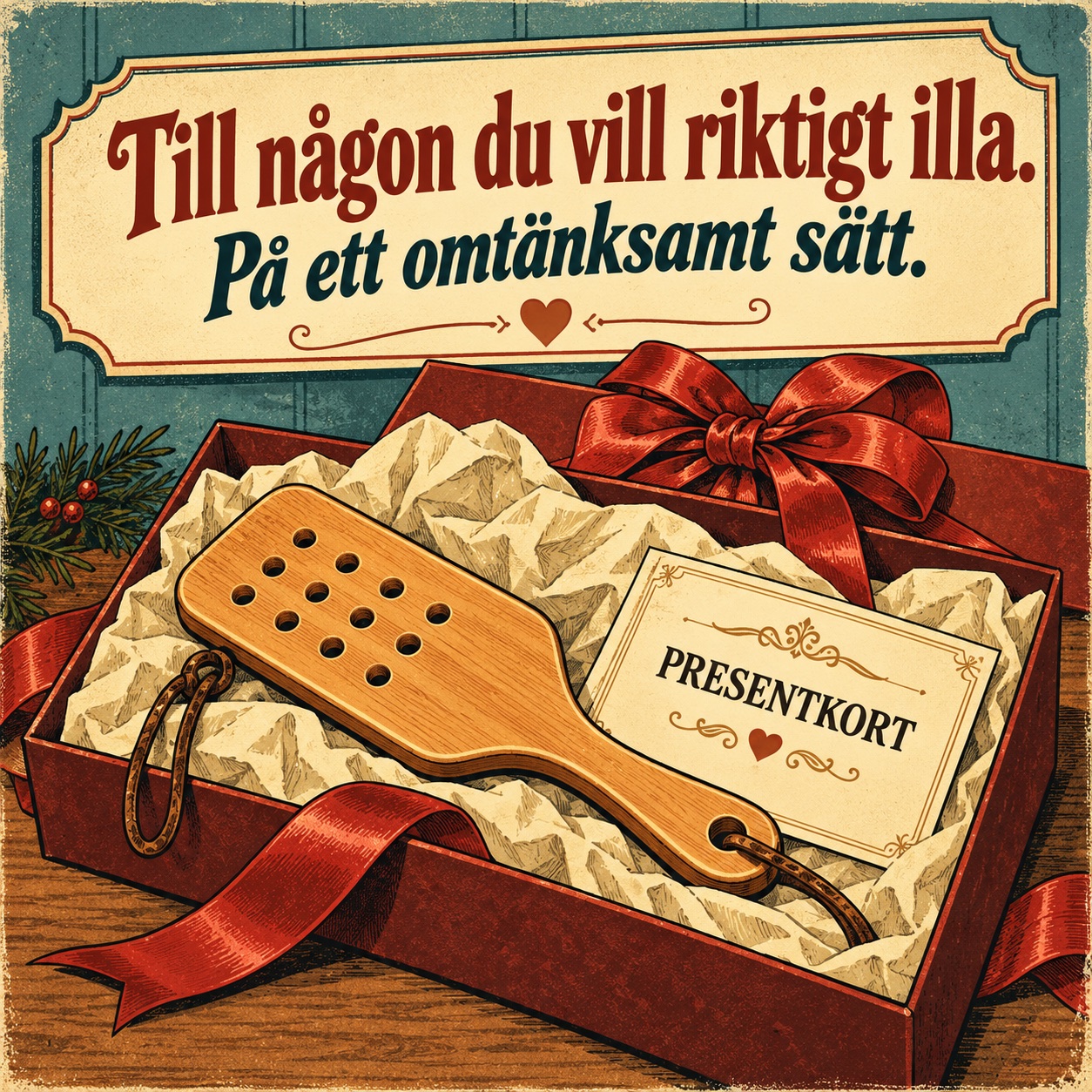 En träpaddel och ett presentkort i en elegant presentask.
