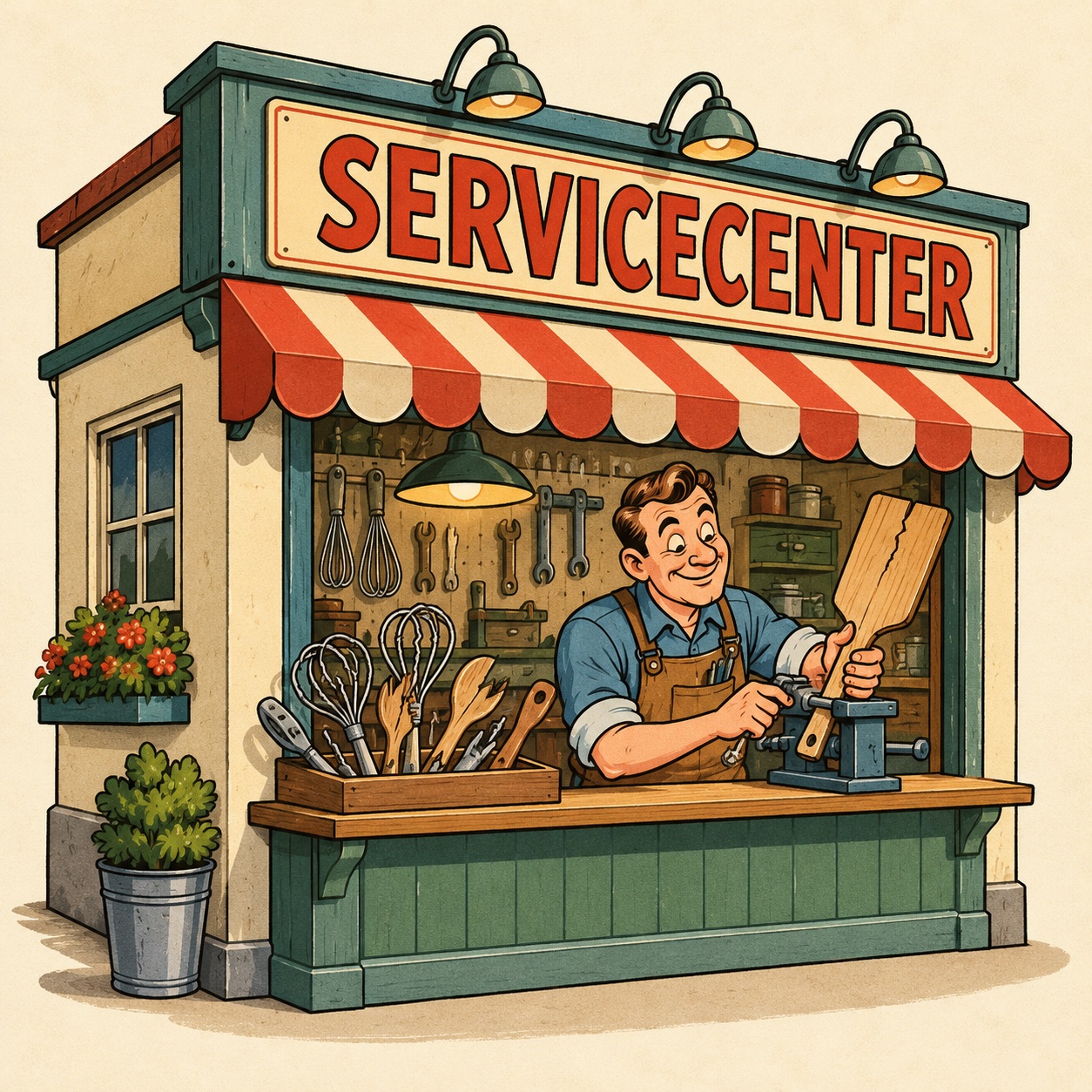 En glad reparatör i ett litet servicecenter.